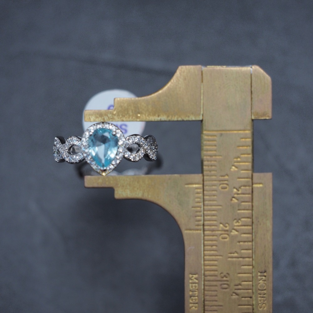 Ring Set 2pc Blue Pear Rhinestone March Birthstone Halo Infinity Silver Tone - Picture 3 of 8